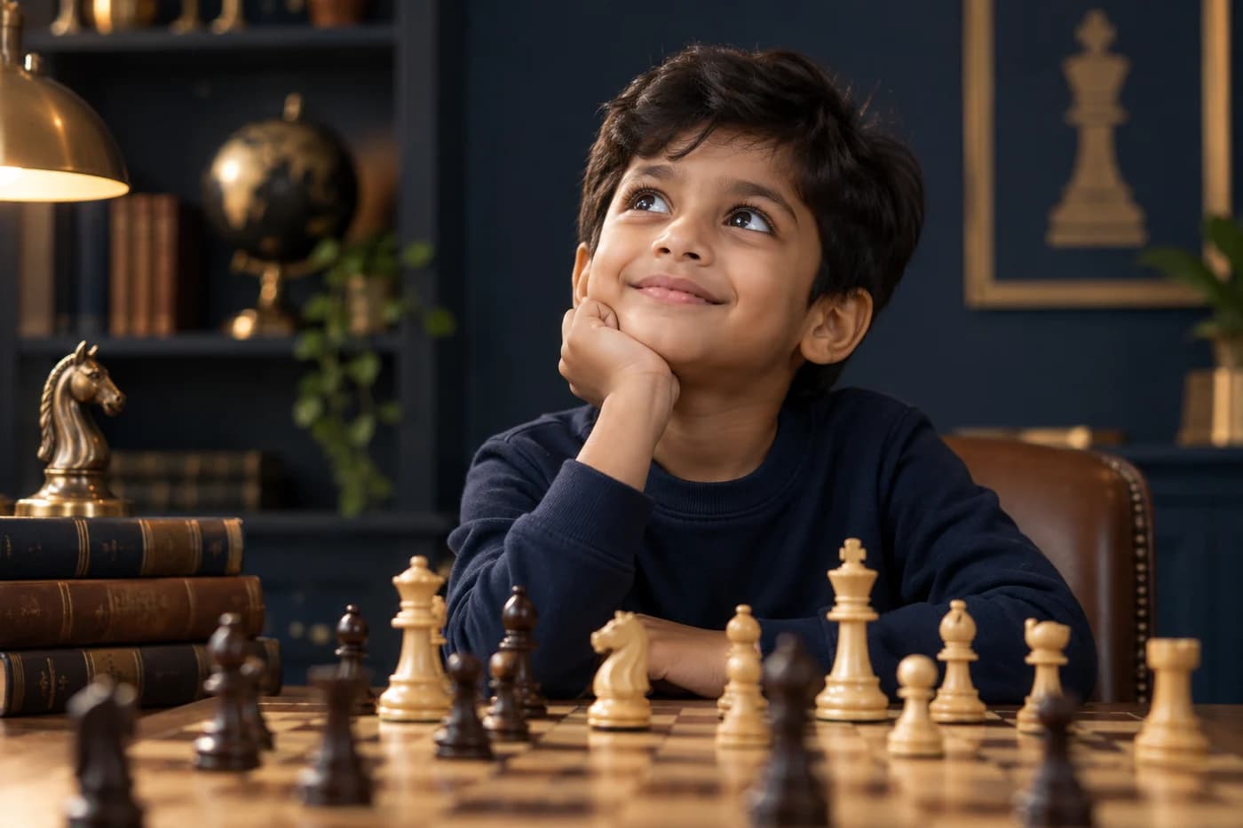 A smiling child thinking about his next chess move