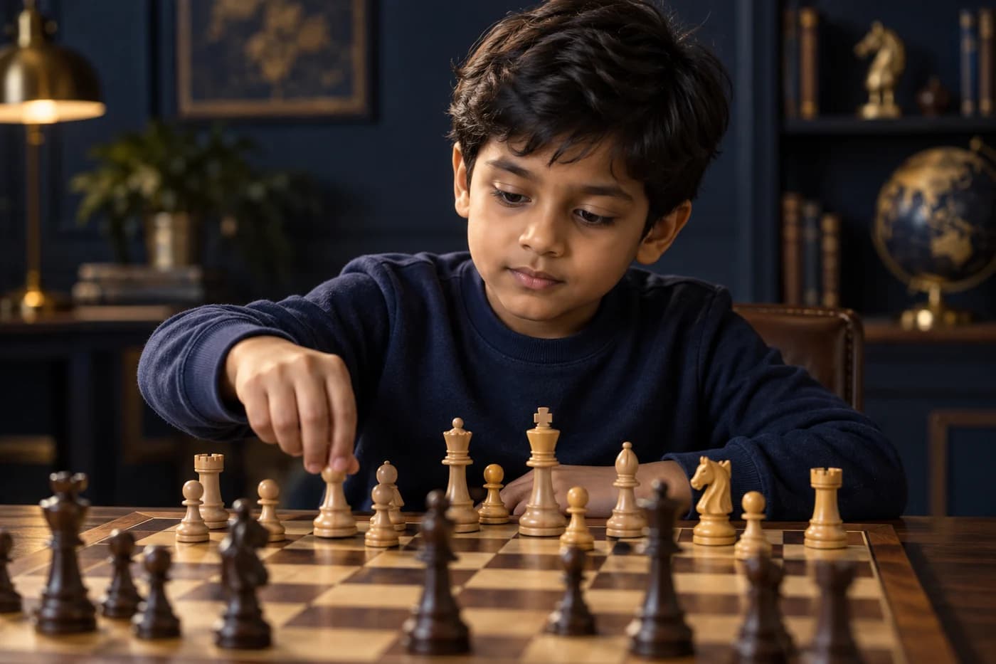 A child practicing chess by moving a piece on the board