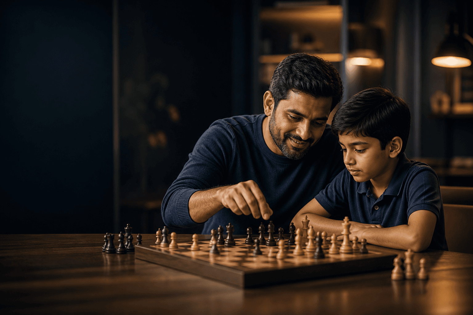 A parent thoughtfully supporting a child while playing chess